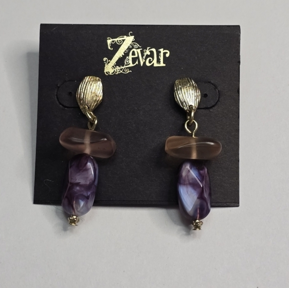 Treska Zevar Purple Marbled Mauve Resin Gold Shell Dangle Drop Earrings New